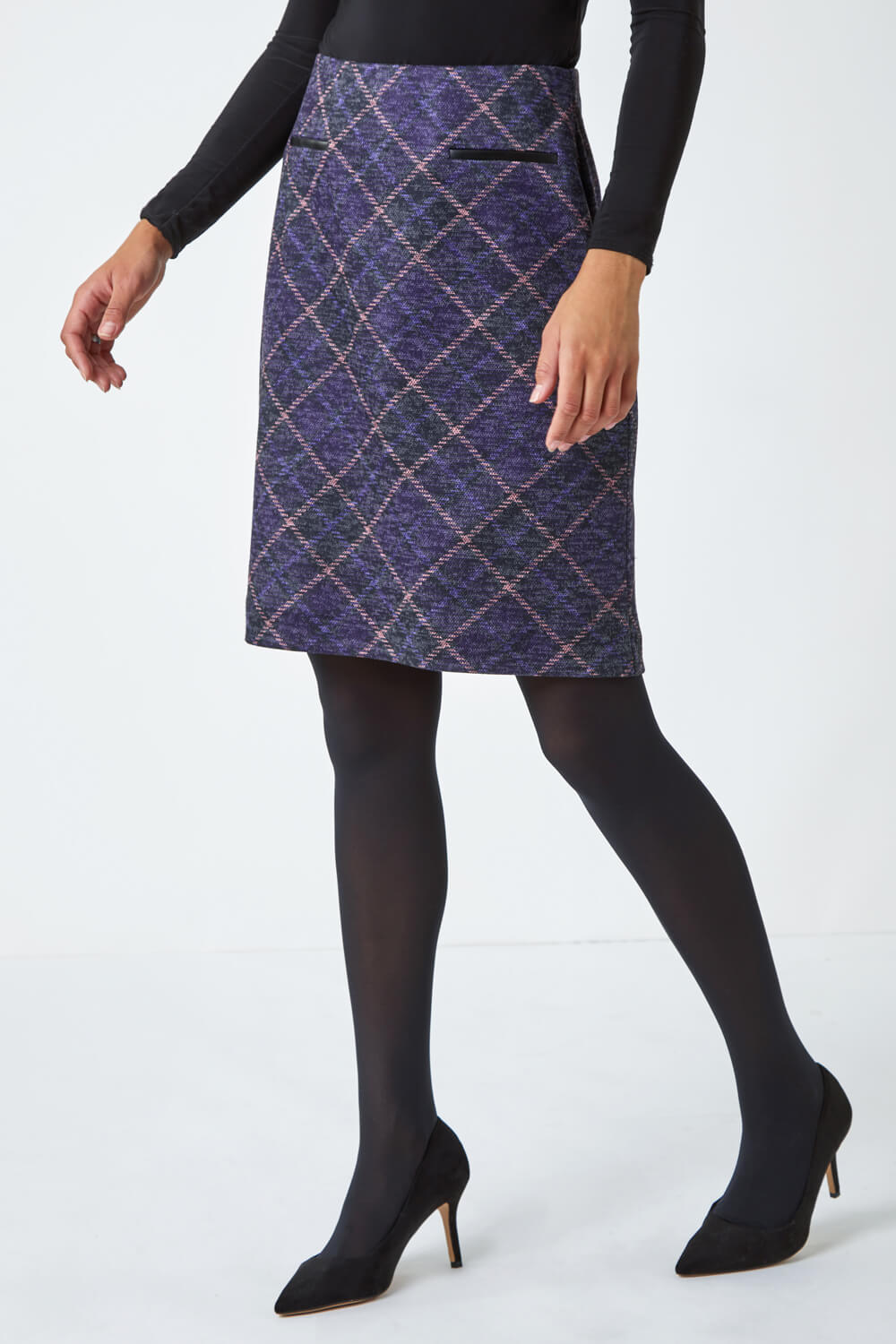 Purple Check Print Pocket Stretch Skirt, Image 4 of 5