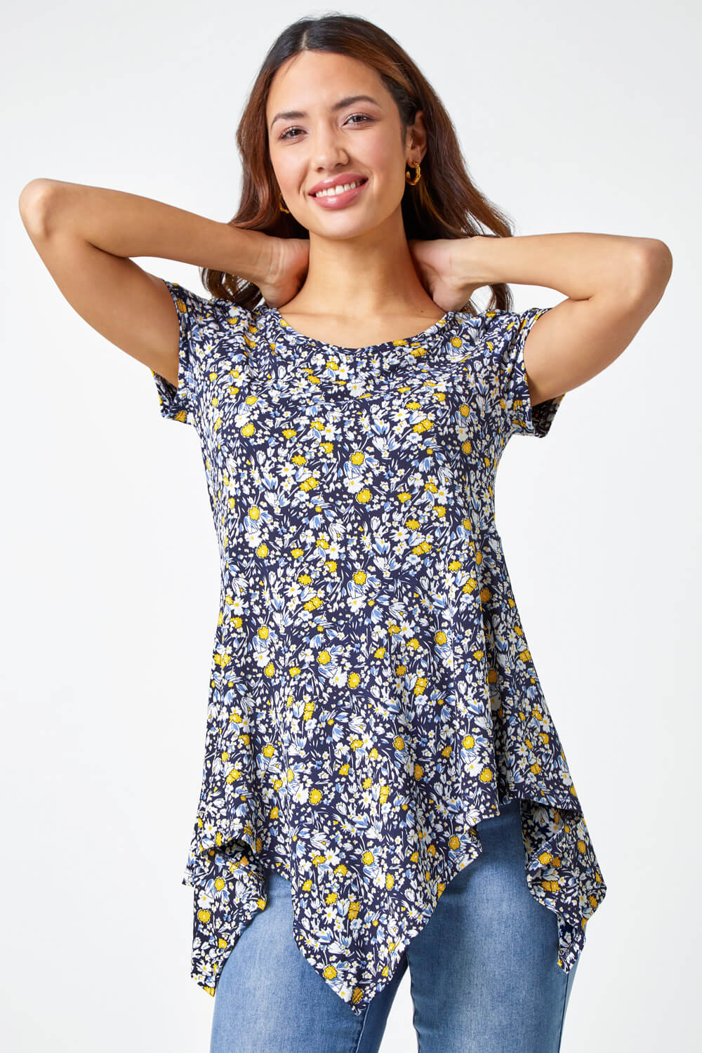 Yellow Floral Hanky Hem Stretch Tunic Top , Image 1 of 5