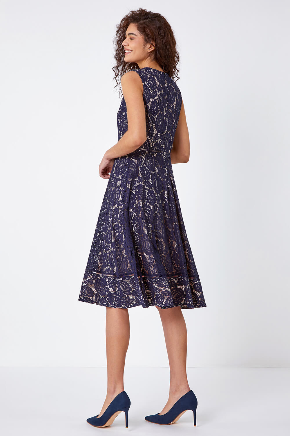 Navy  Fit And Flare Lace Midi Dress, Image 3 of 5