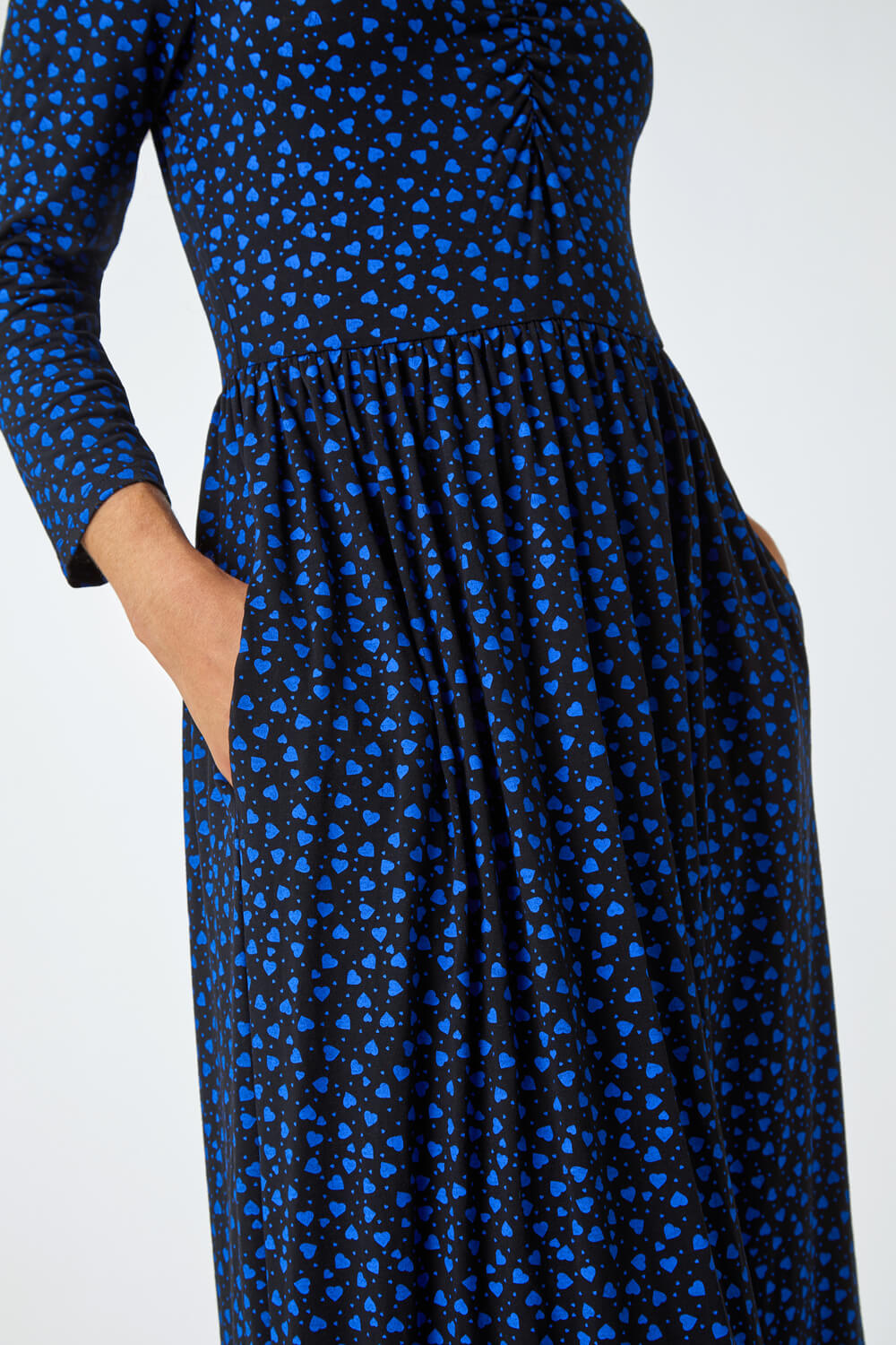 Royal Blue Heart Print Ruched Detail Stretch Midi Dress, Image 5 of 5