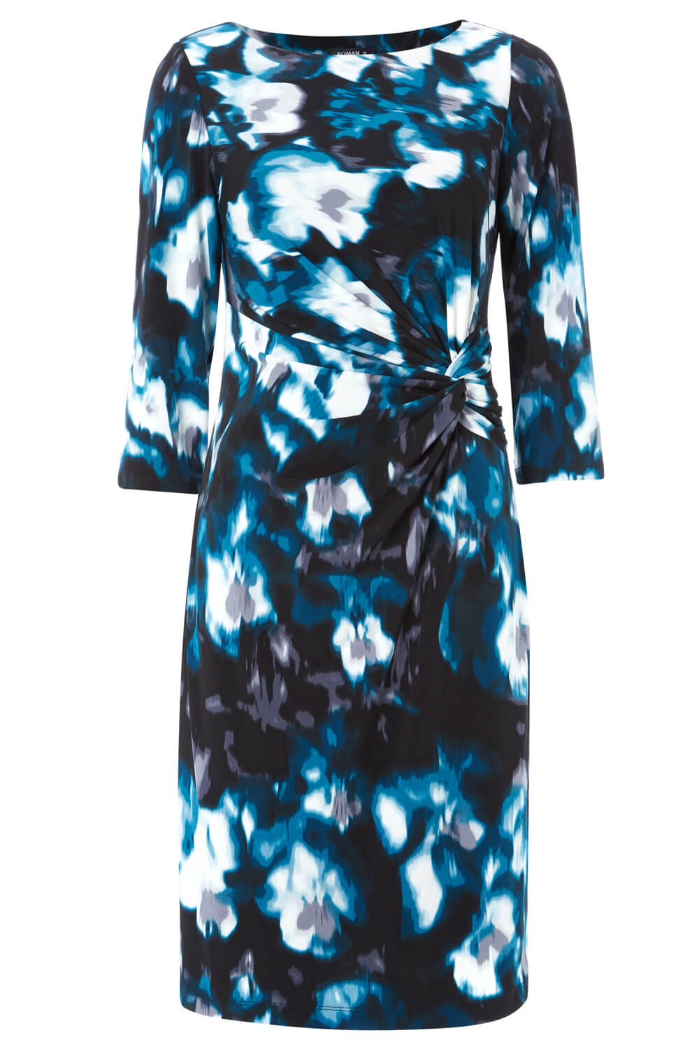 Petrol Blue Abstract Floral Twist Waist Dress, Image 4 of 4
