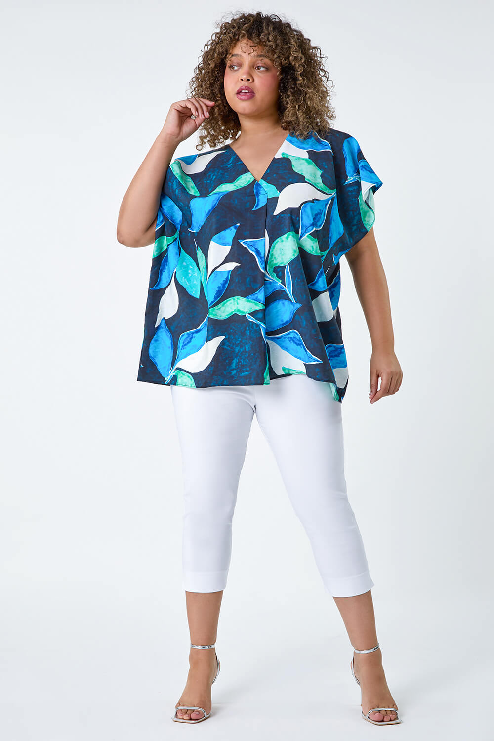 Blue Curve Abstract Print Pleat Front Top, Image 2 of 5