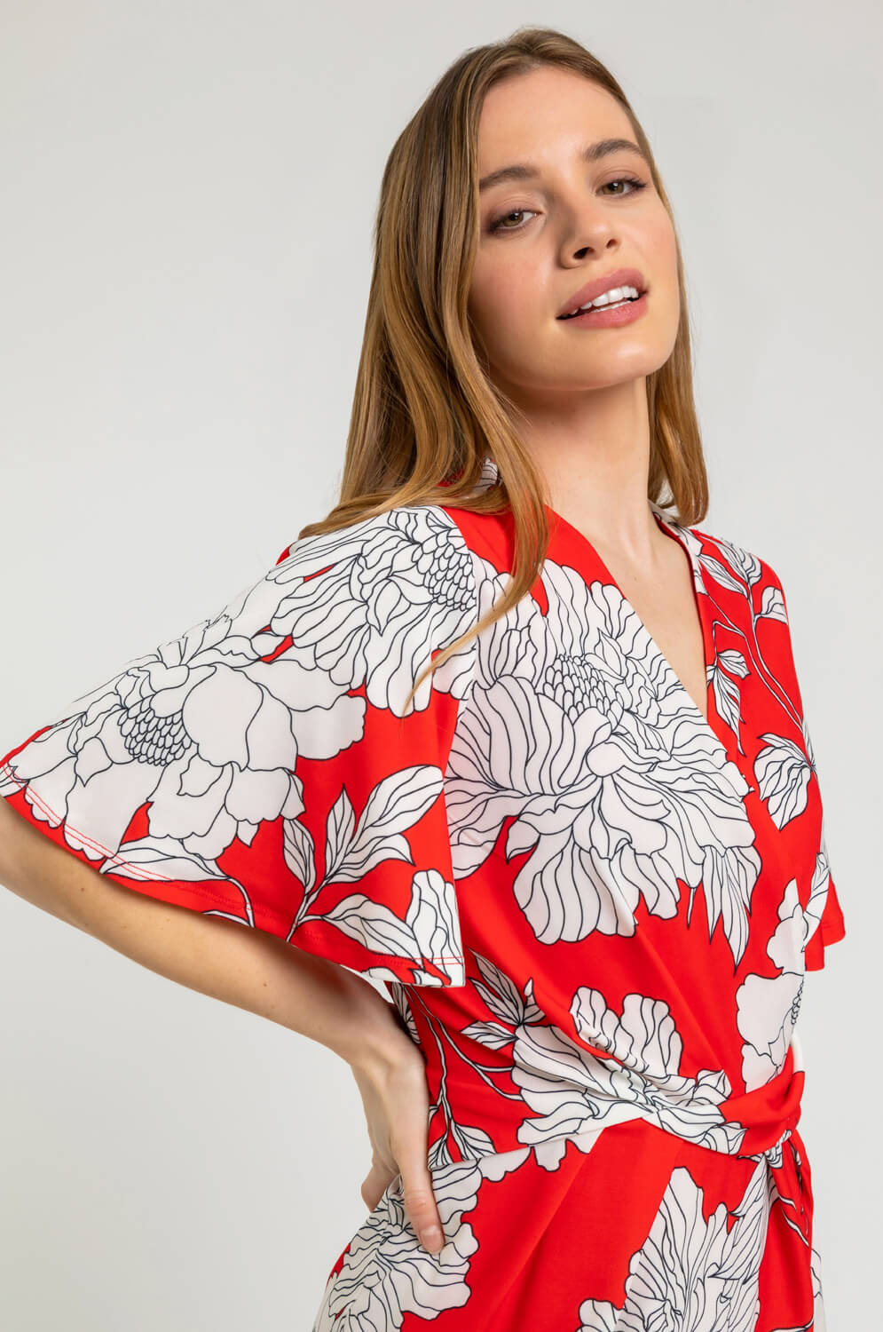 Red Petite Floral Ruched Wrap Dress, Image 4 of 4