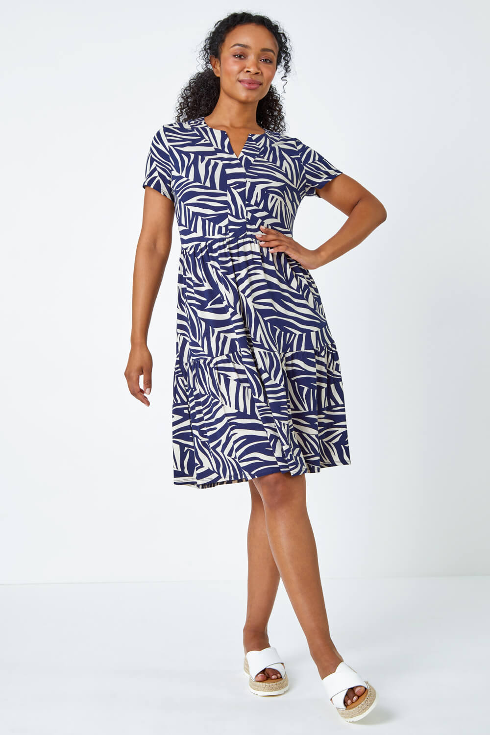 Navy  Petite Animal Print Ruched Stretch Dress, Image 2 of 5