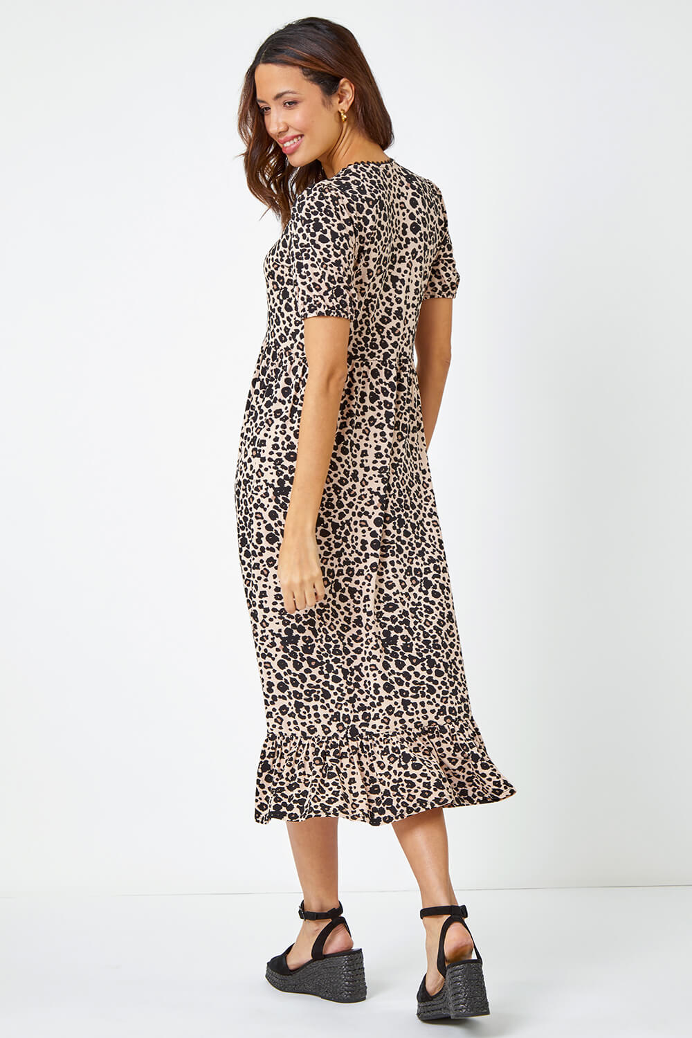 Black Leopard Print Lace Trim Midi Dress, Image 4 of 6