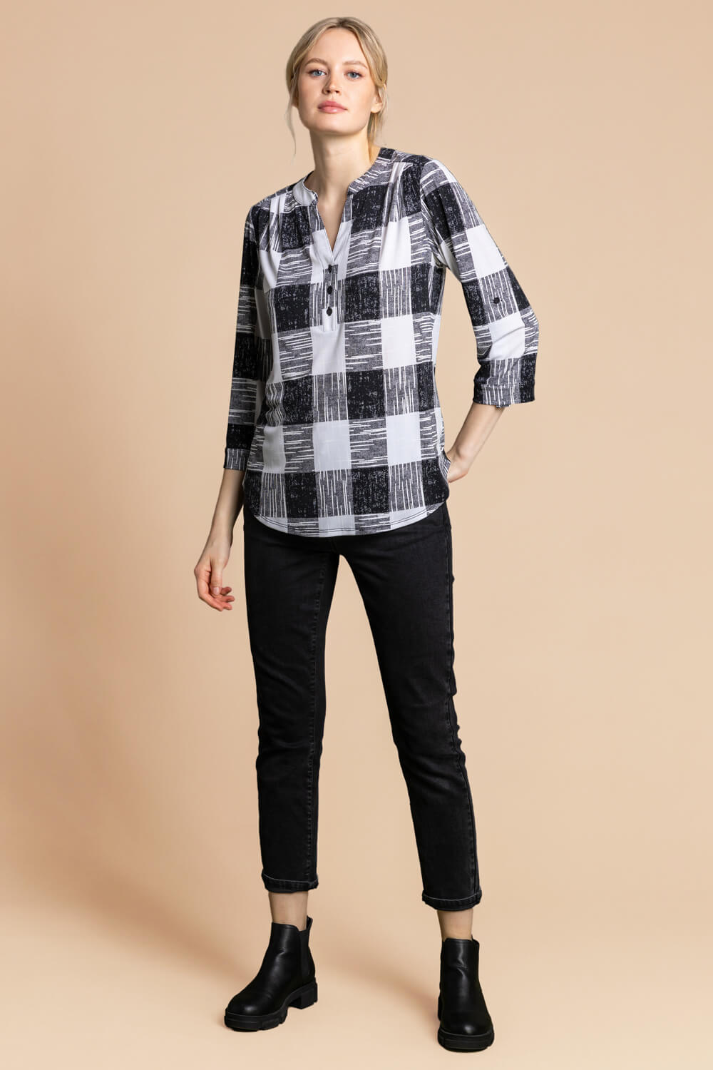 Black Textured Check Print Jersey Top, Image 3 of 5