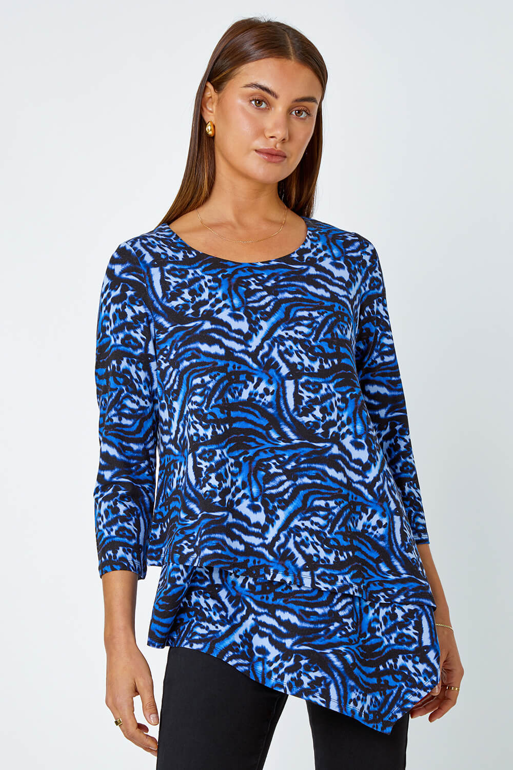 Blue Animal Asymmetric Layer Stretch Top | Roman UK