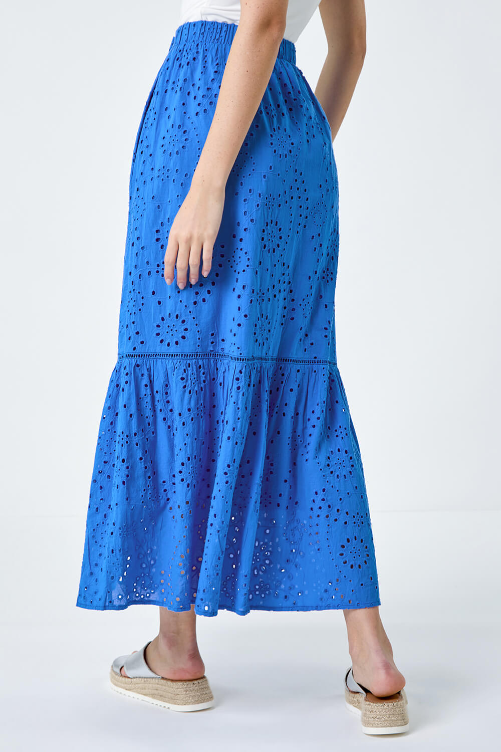 Blue Cotton Broderie Pocket Midi Skirt, Image 3 of 5