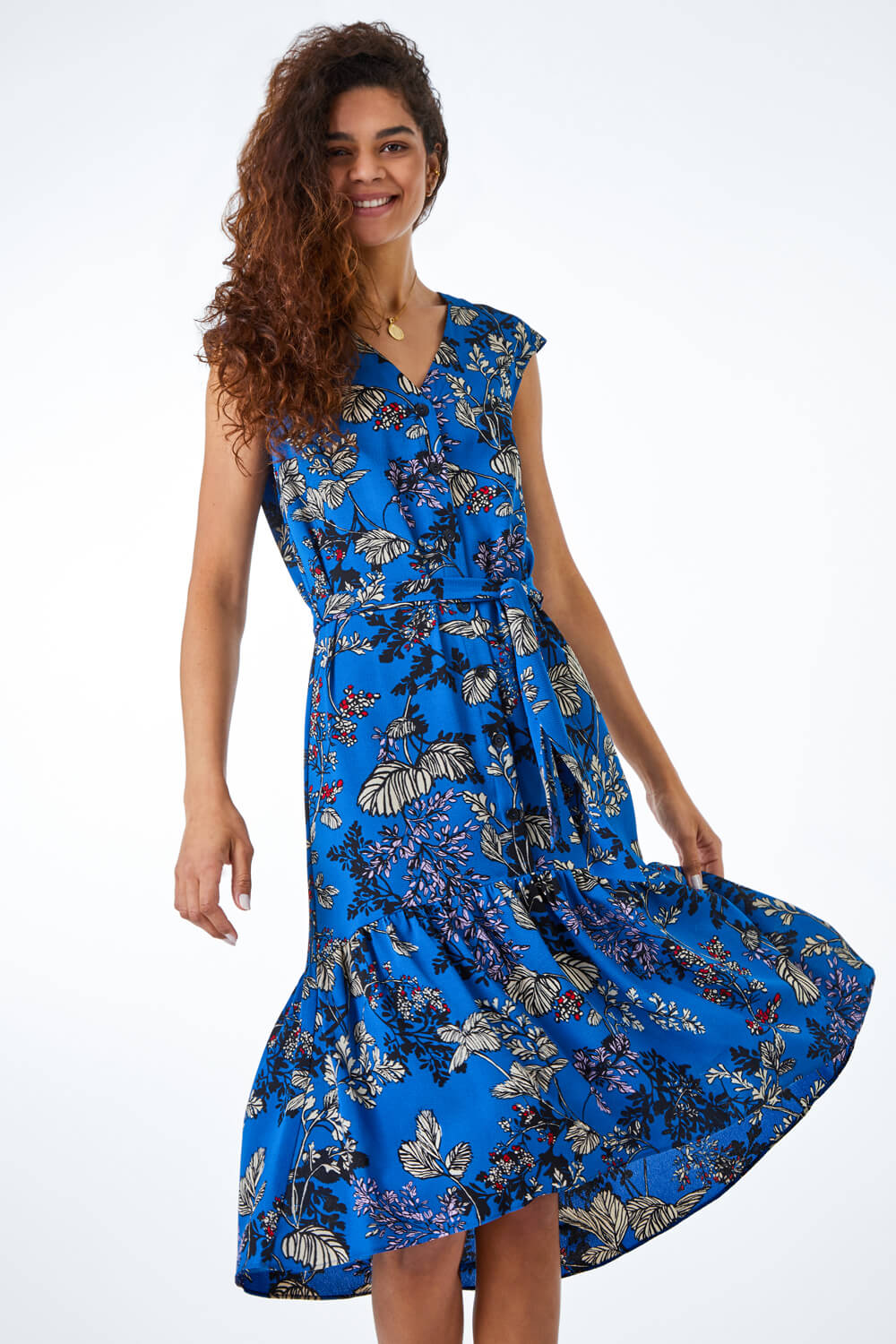 Blue Floral Print Dipped Hem Dress, Image 2 of 5