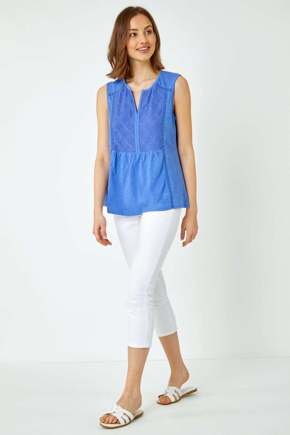 Blue Embroidered Peplum Cotton Vest, Image 2 of 5