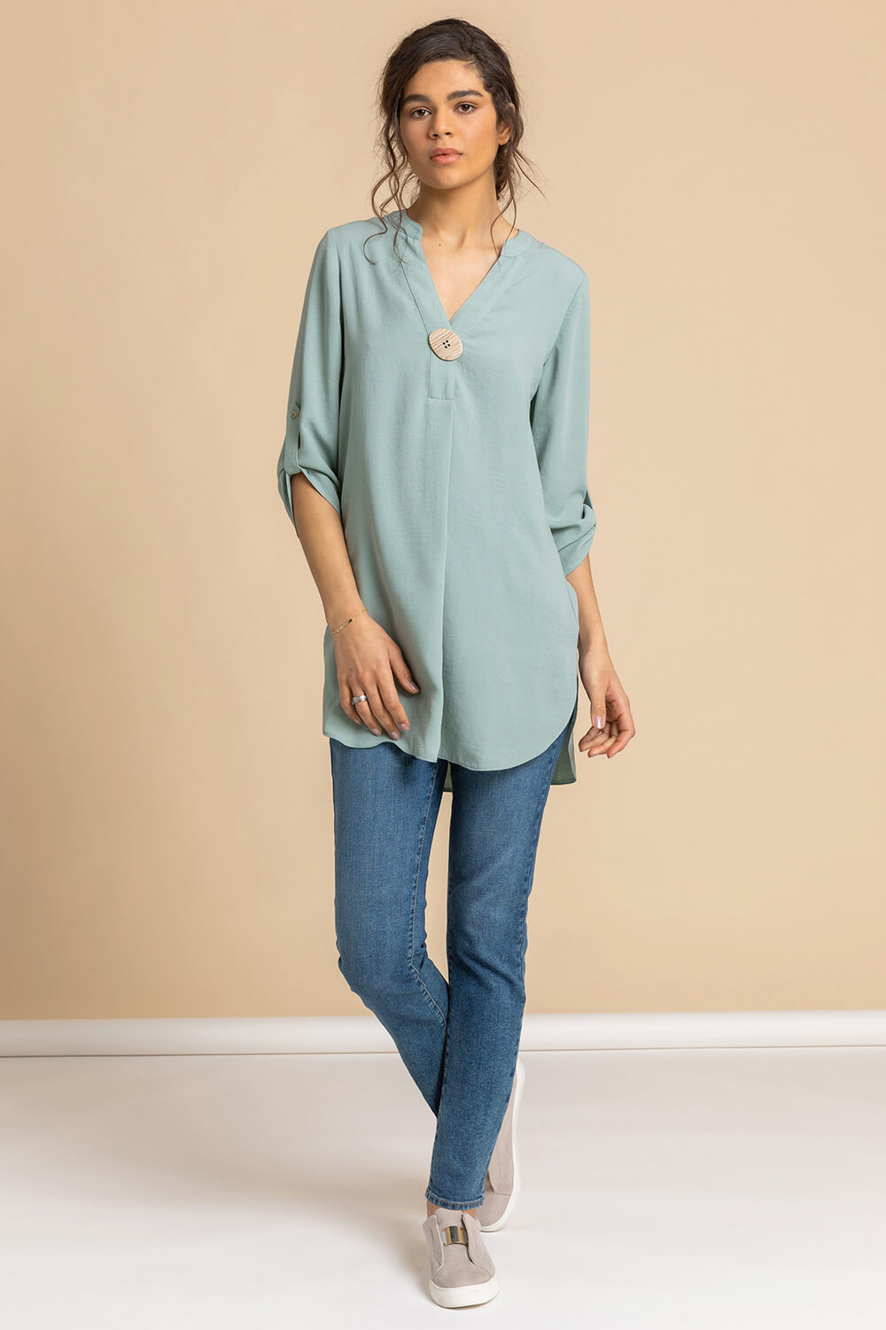 Sage Longline Button Detail Tunic Top, Image 3 of 4