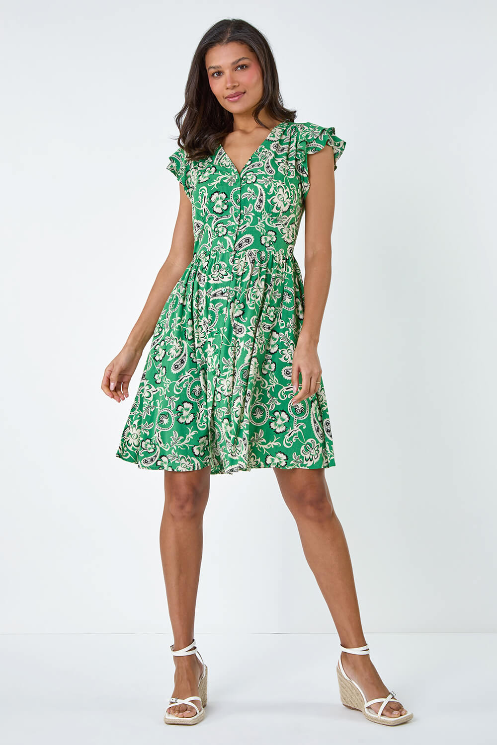 Green Paisley Floral Print Frill Dress, Image 2 of 5