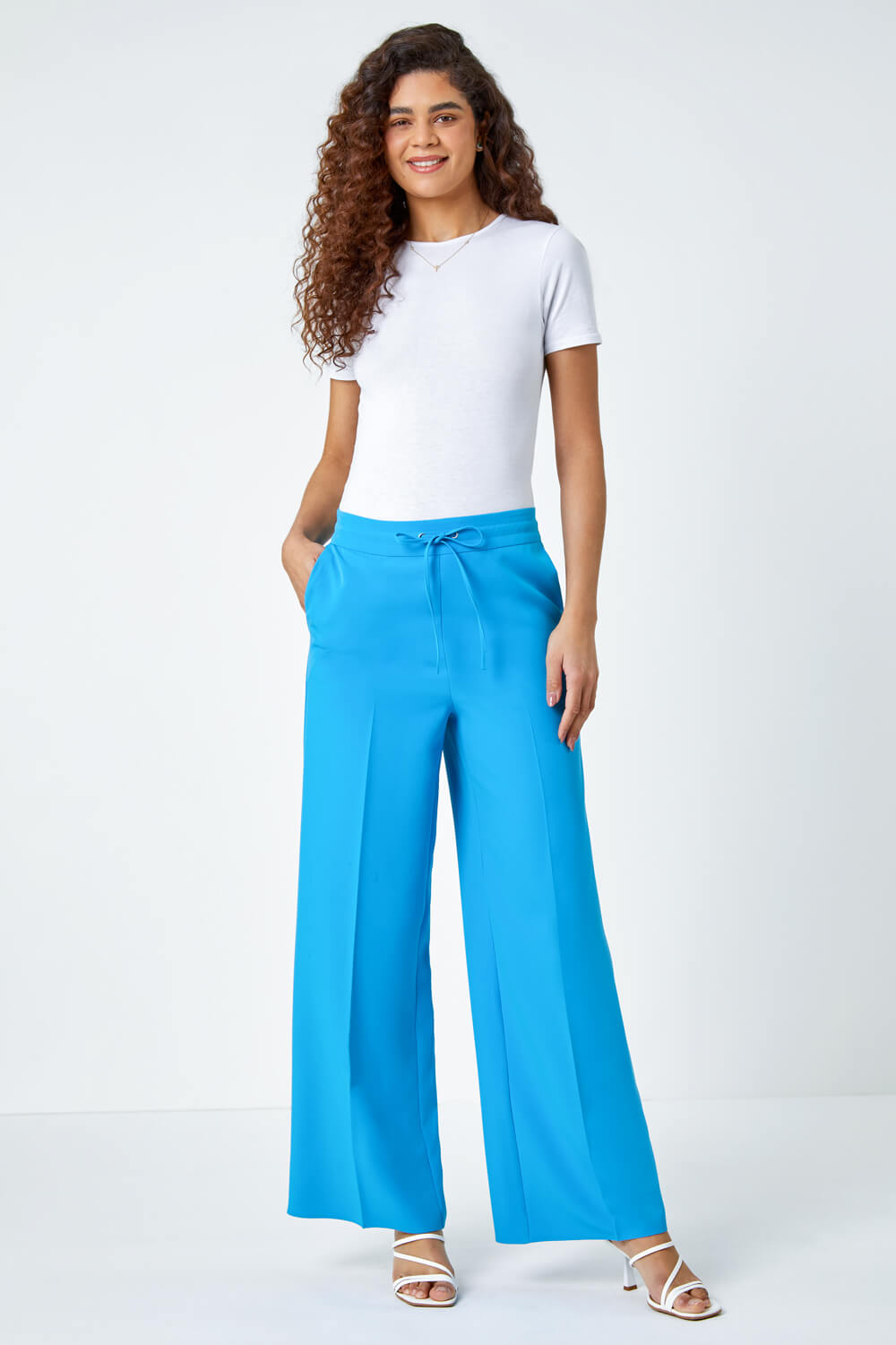 Turquoise Wide Leg Tie Front Stretch Trouser, Image 2 of 5