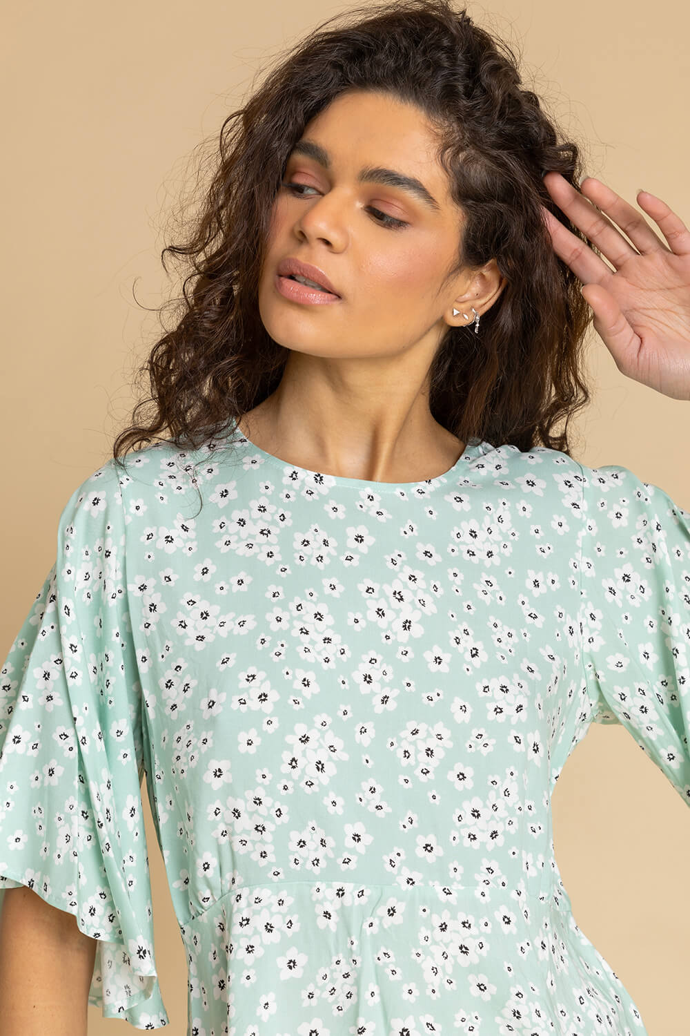 Mint Ditsy Floral Print Peplum Top, Image 4 of 5