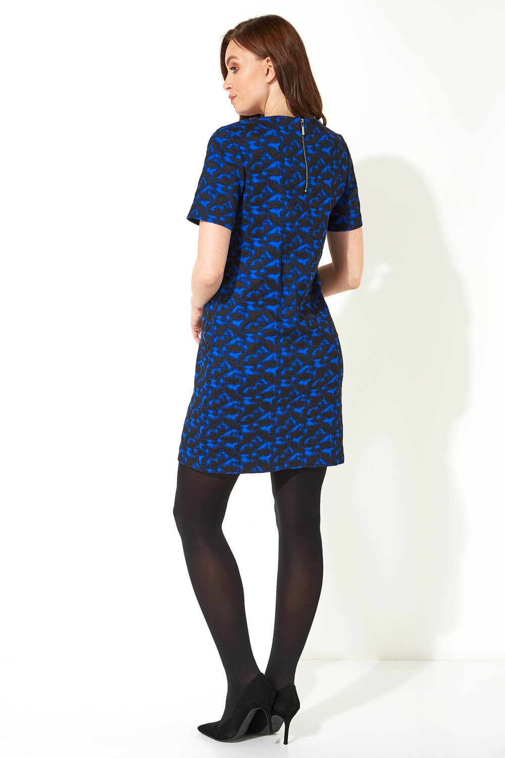 Royal Blue Abstract Zip Pocket Shift Dress, Image 3 of 5
