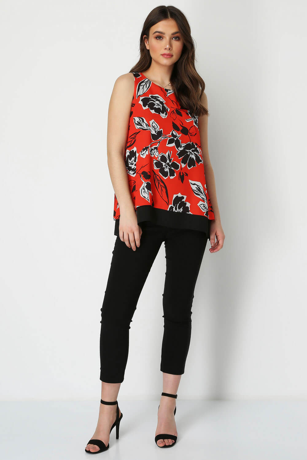 Red Sleeveless Floral Contrast Top, Image 2 of 8