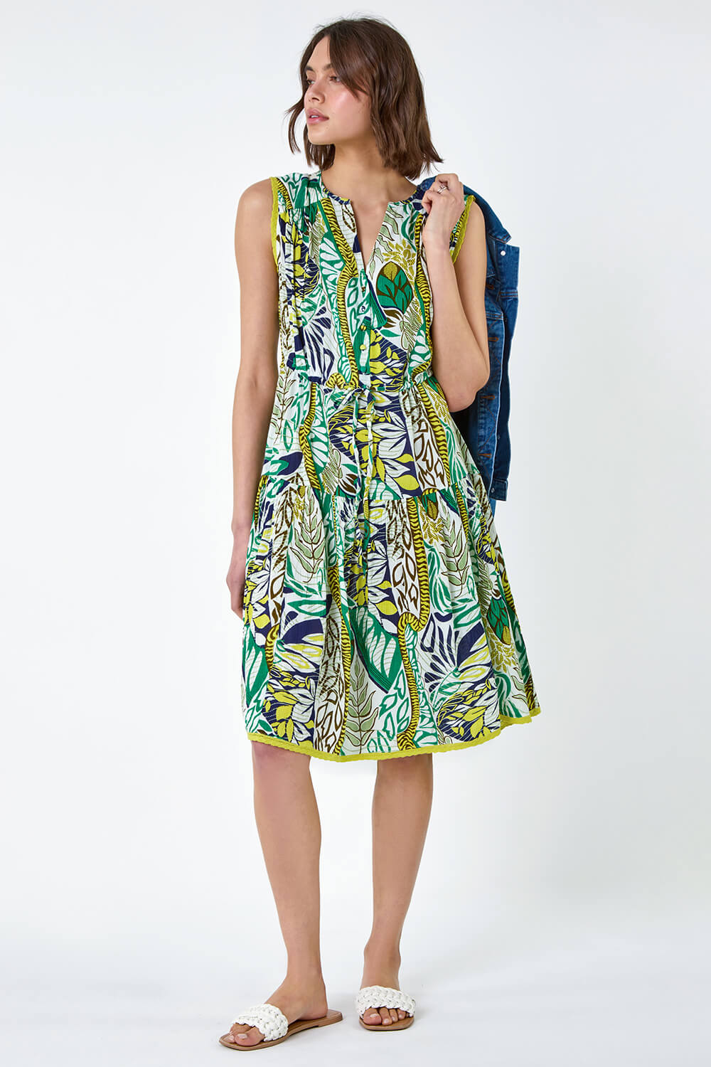 Leaf Print Tiered Woven Dress