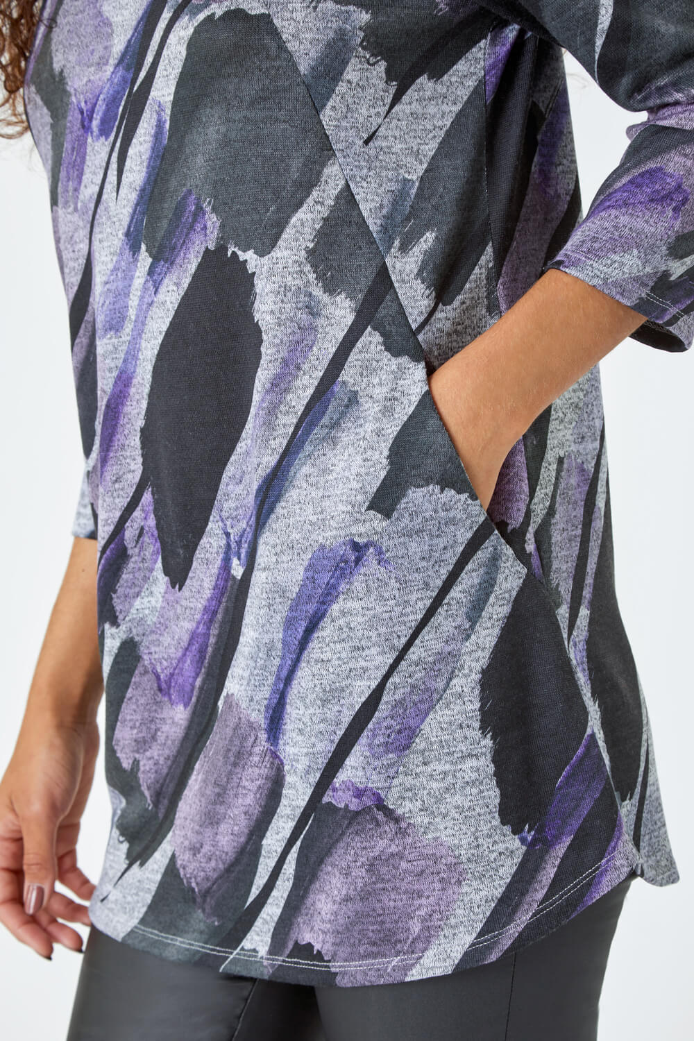 Purple Abstract Print Pocket Detail Tunic Stretch Top, Image 5 of 5