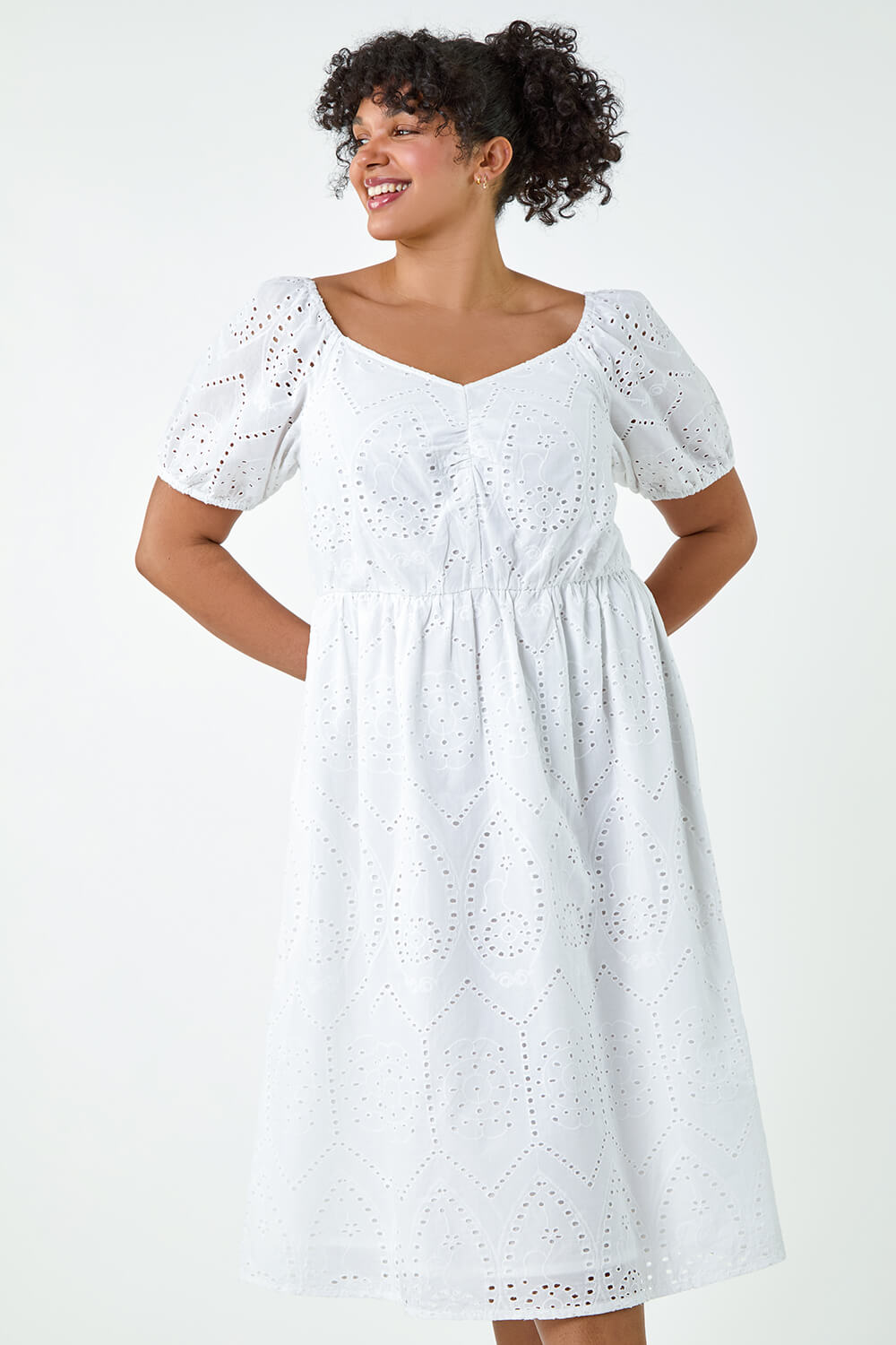 Ivory  Curve Cotton Broderie Midi Dress, Image 4 of 7