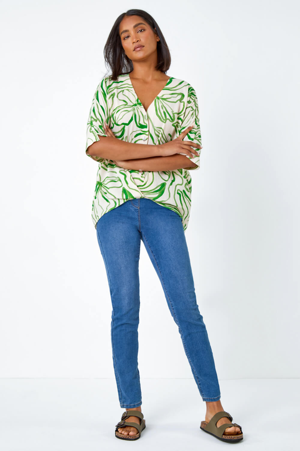 Green Abstract Floral Print Button Twist Top, Image 2 of 5