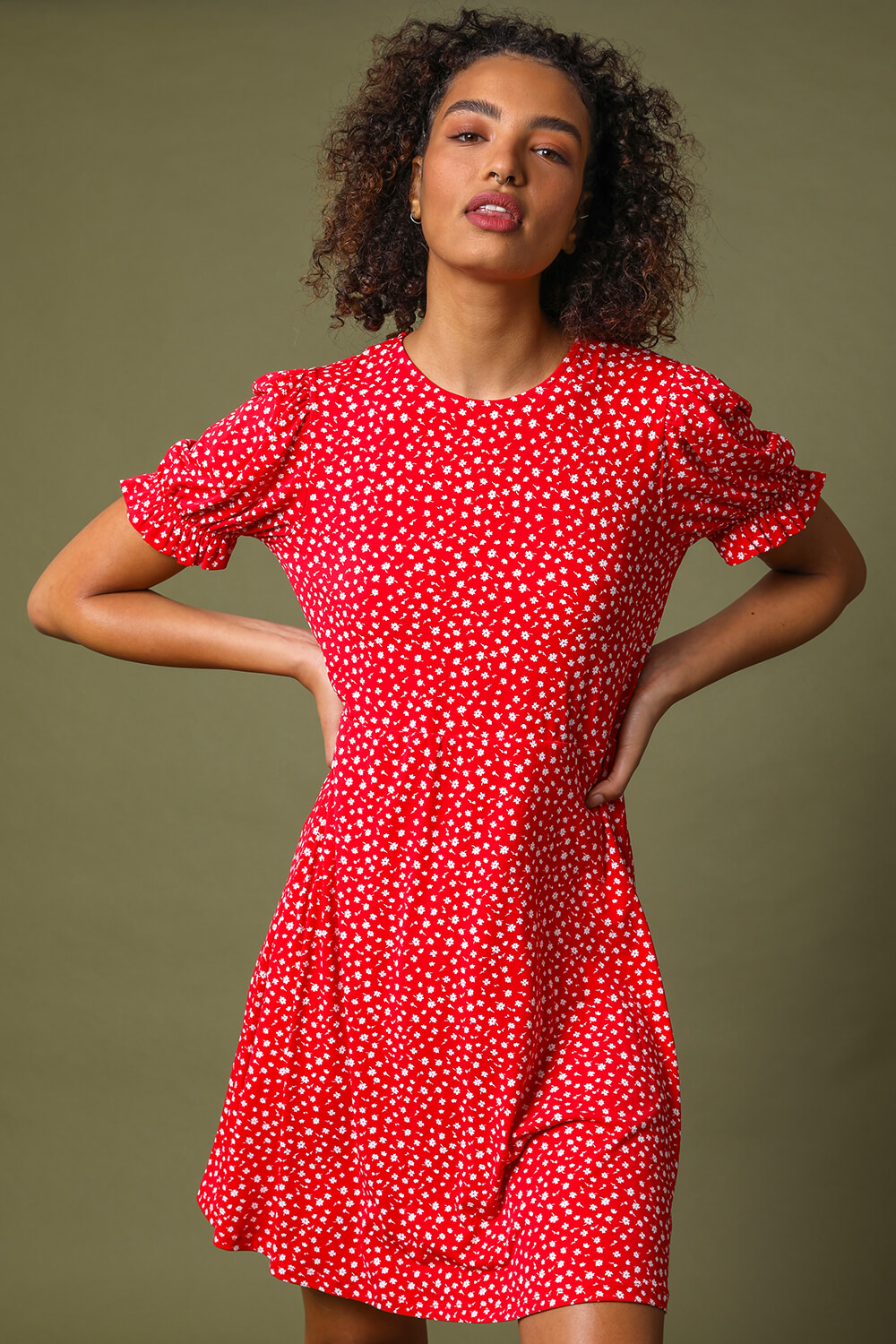 Red Ditsy Floral Print Tea Dress, Image 3 of 5