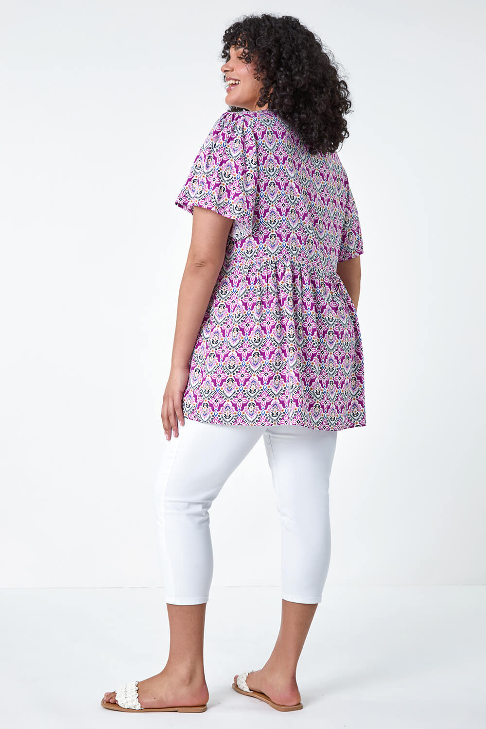 Purple Curve Tie Front Boho Printed Top, Image 3 of 5