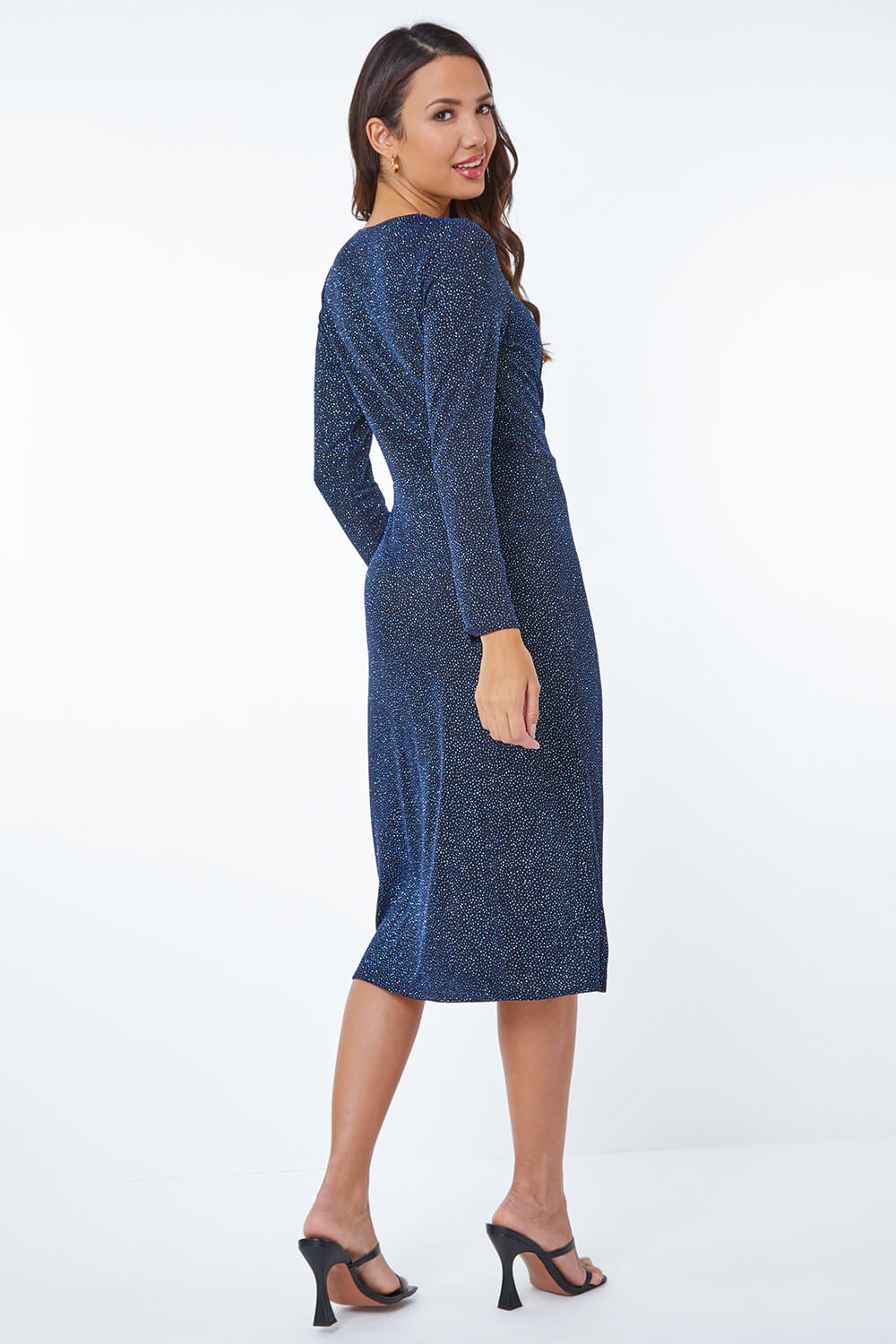 Blue Ruched Glitter Midi Dress, Image 3 of 5