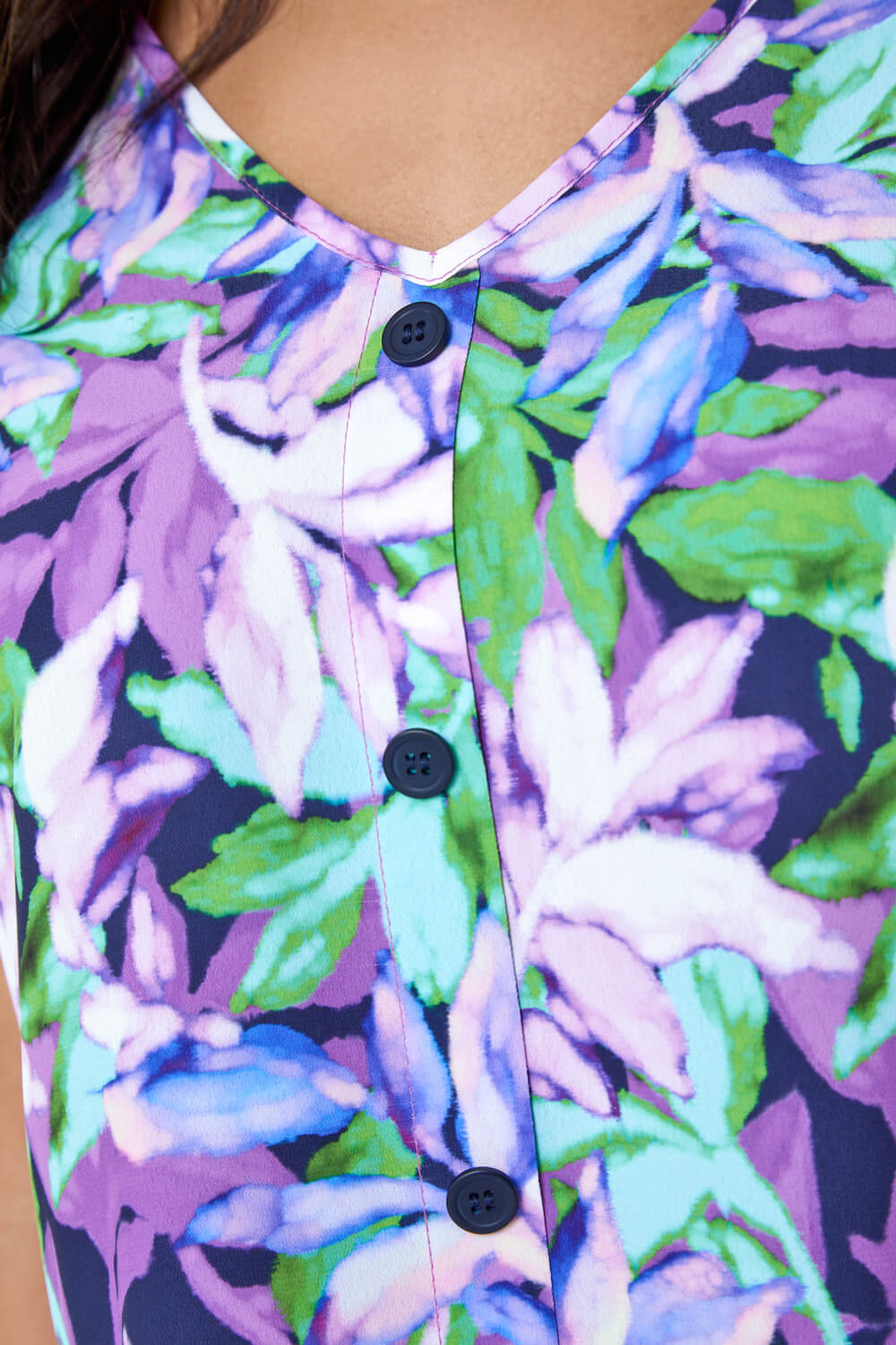 Purple Sleeveless Leaf Print Button Cami Top, Image 5 of 5