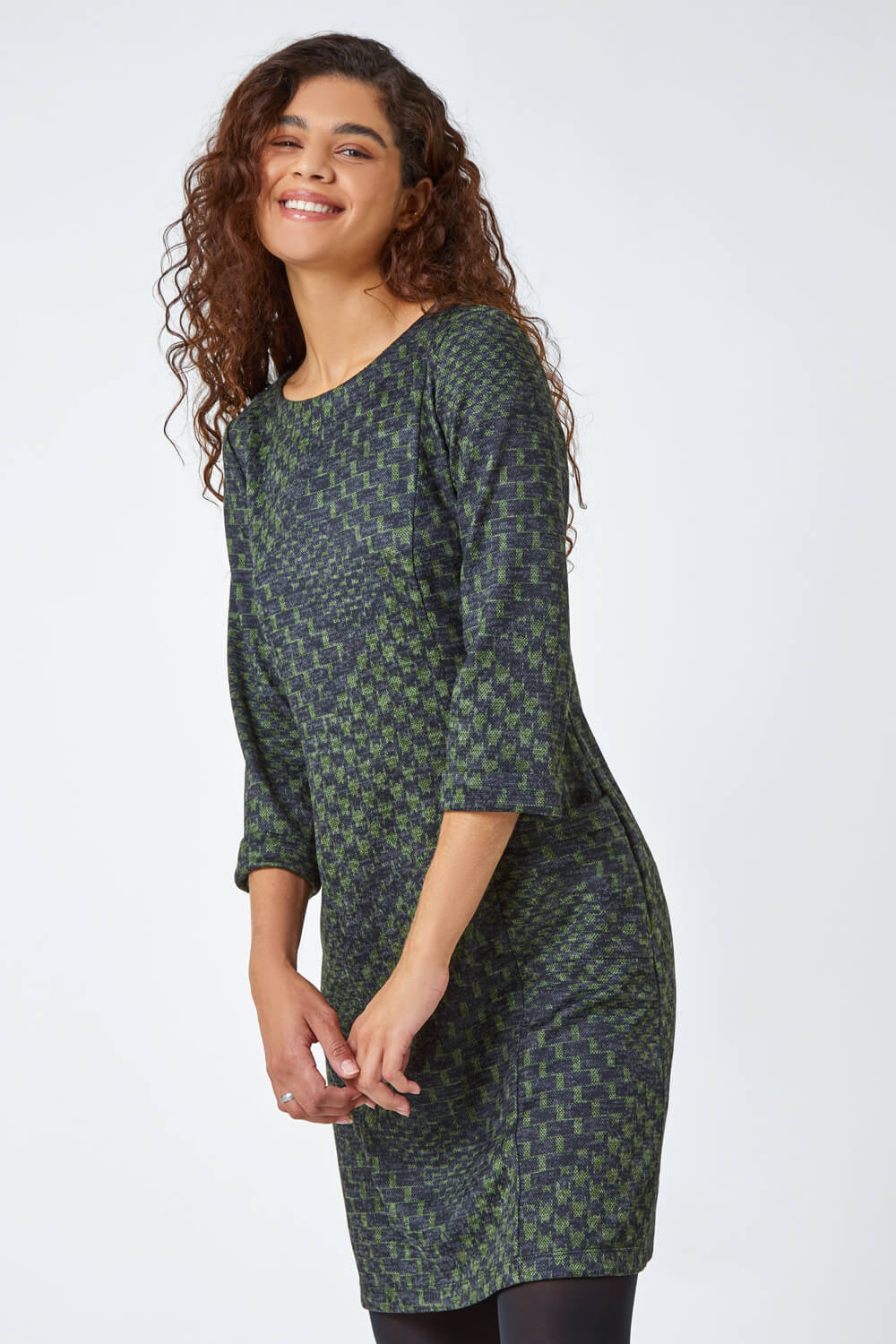 Green Abstract Check Print Shift Stretch Dress, Image 2 of 5