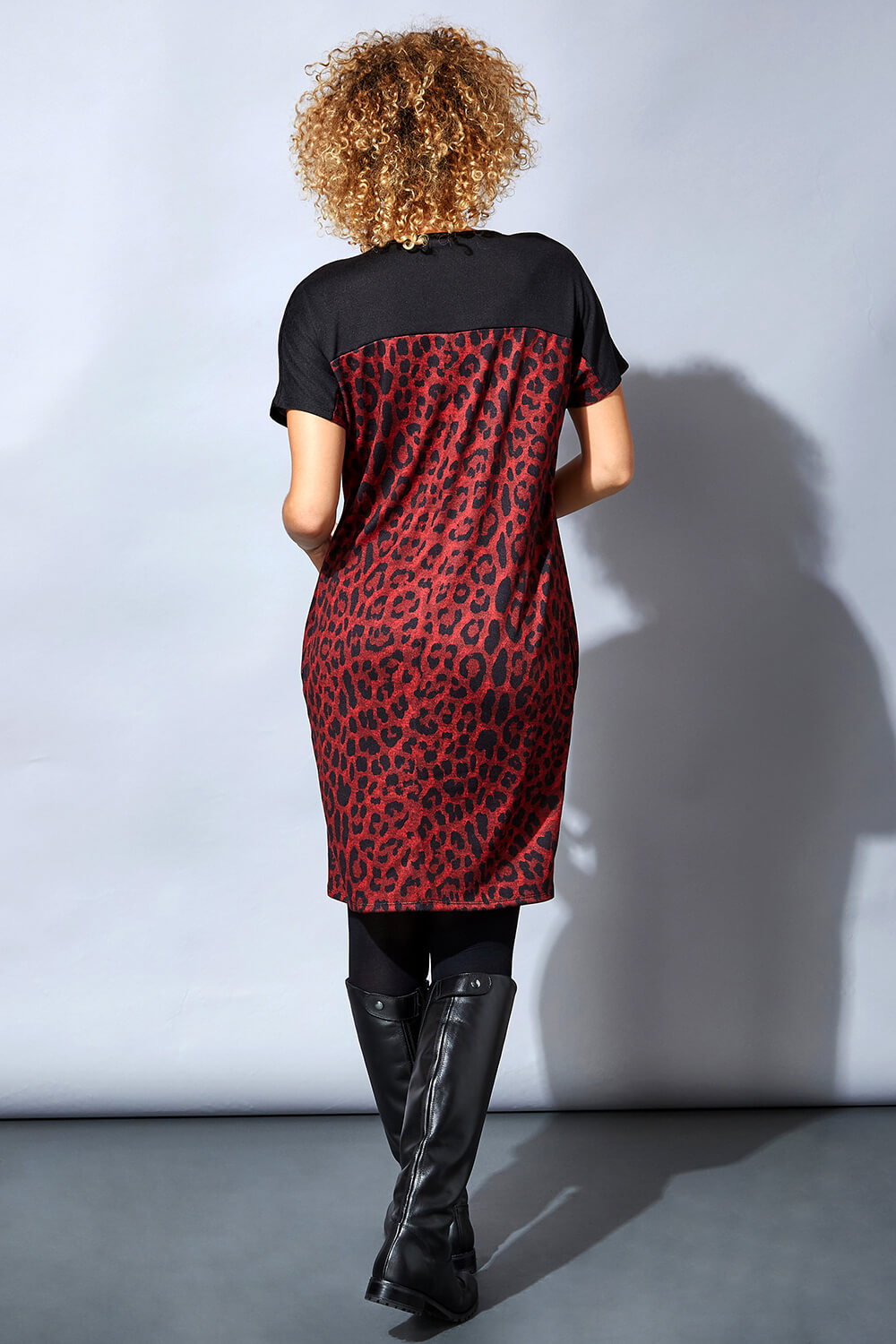 Red Contrast Yoke Animal Leopard Print Cocoon Dress, Image 3 of 4