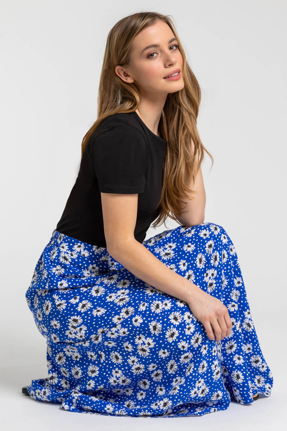 Blue Petite Floral Print A-Line Skirt, Image 4 of 4