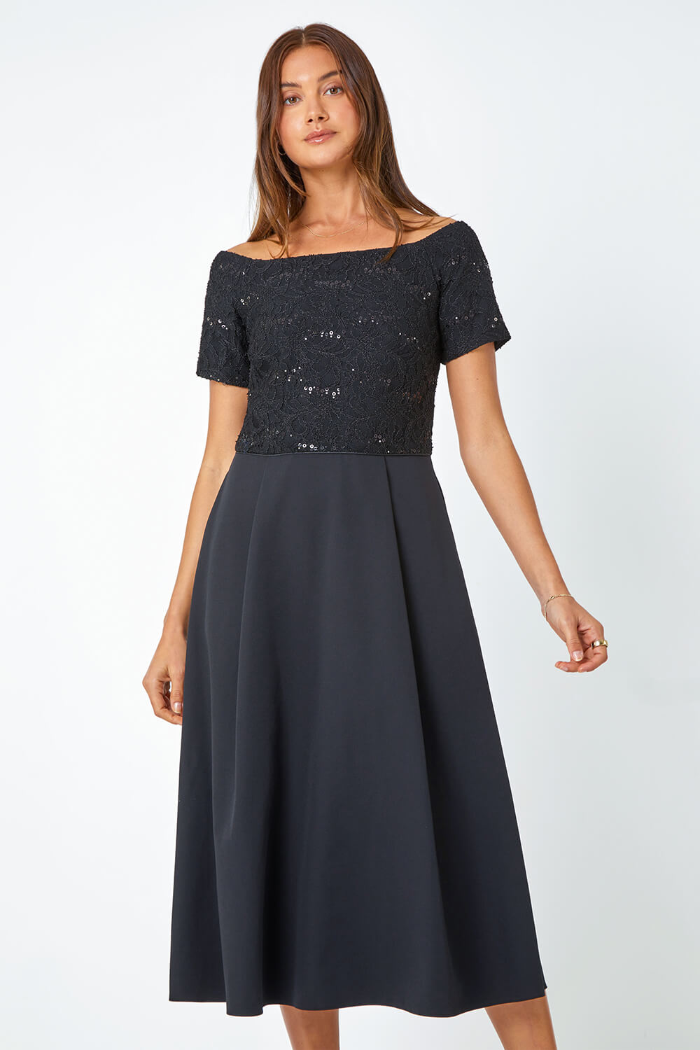 Black Lace Bardot Midi Stretch Dress, Image 2 of 5