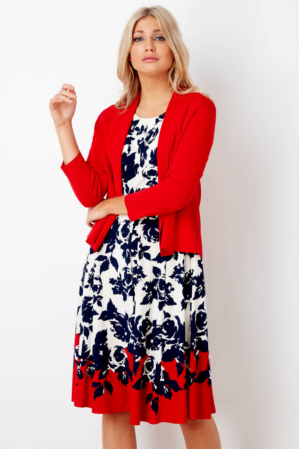 Red Floral Twist Waist Fit and Flare Dress, Image 2 of 4