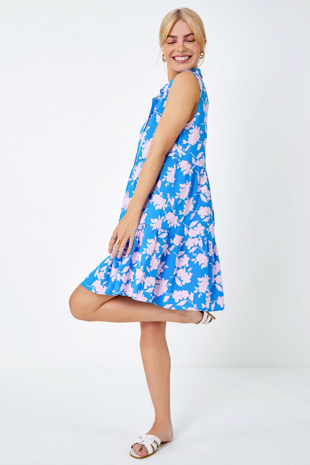 Sky Blue Sleeveless Floral Frill Hem Shirt Dress, Image 2 of 5