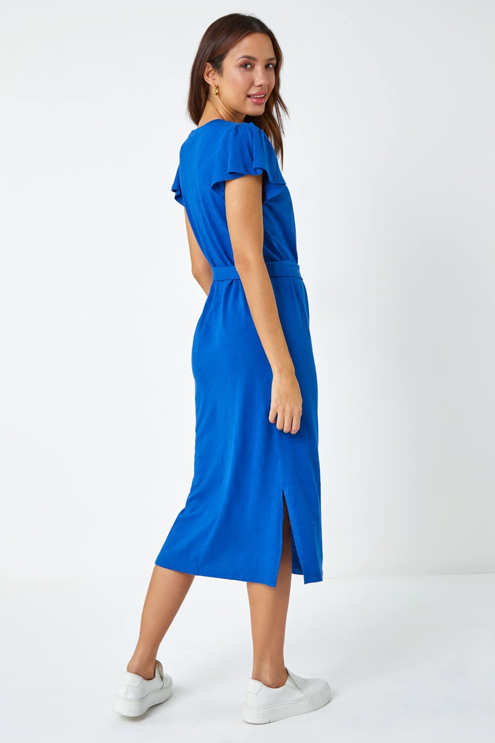 Royal Blue Ruffle Sleeve Belted Cotton Midi Dress , Image 3 of 5