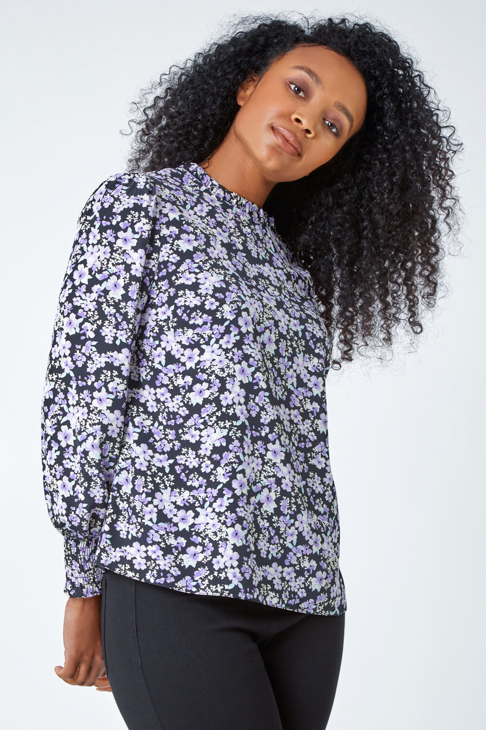 Petite Floral Print Gathered Neck Top