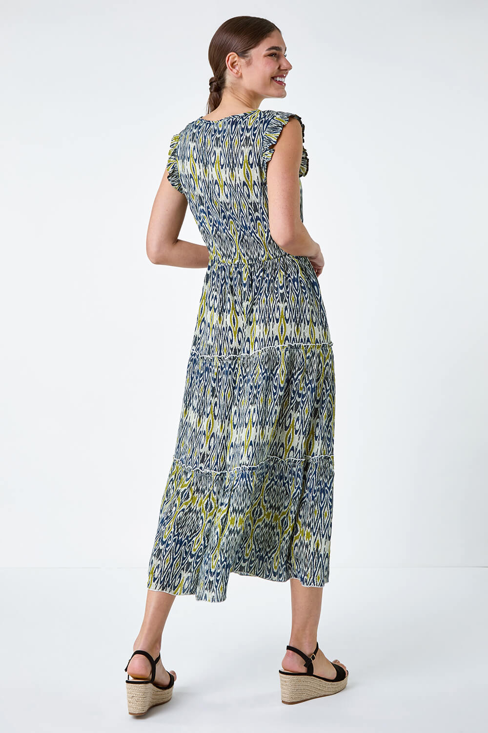 Navy  Aztec Frill Detail Tiered Maxi Dress, Image 3 of 5