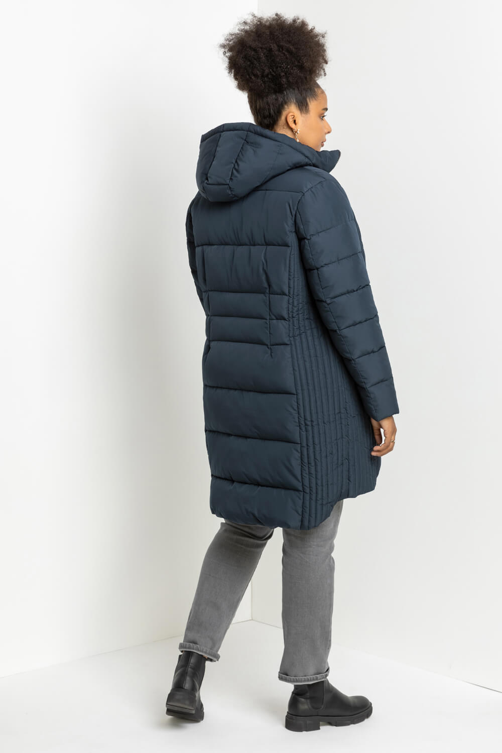 Navy  Curve Longline Quilted Coat with Hood, Image 2 of 5