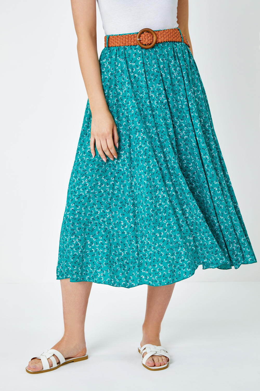 Green Ditsy Floral Print Belted Midi Skirt, Image 5 of 5