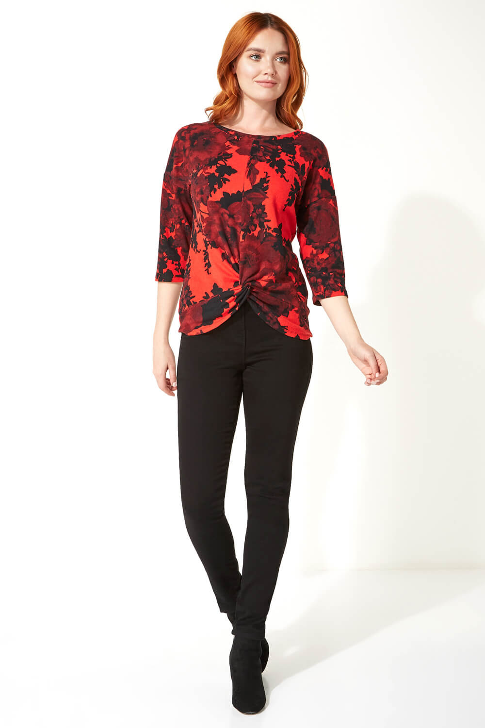 Red Floral Print 3/4 Sleeve Top, Image 2 of 5