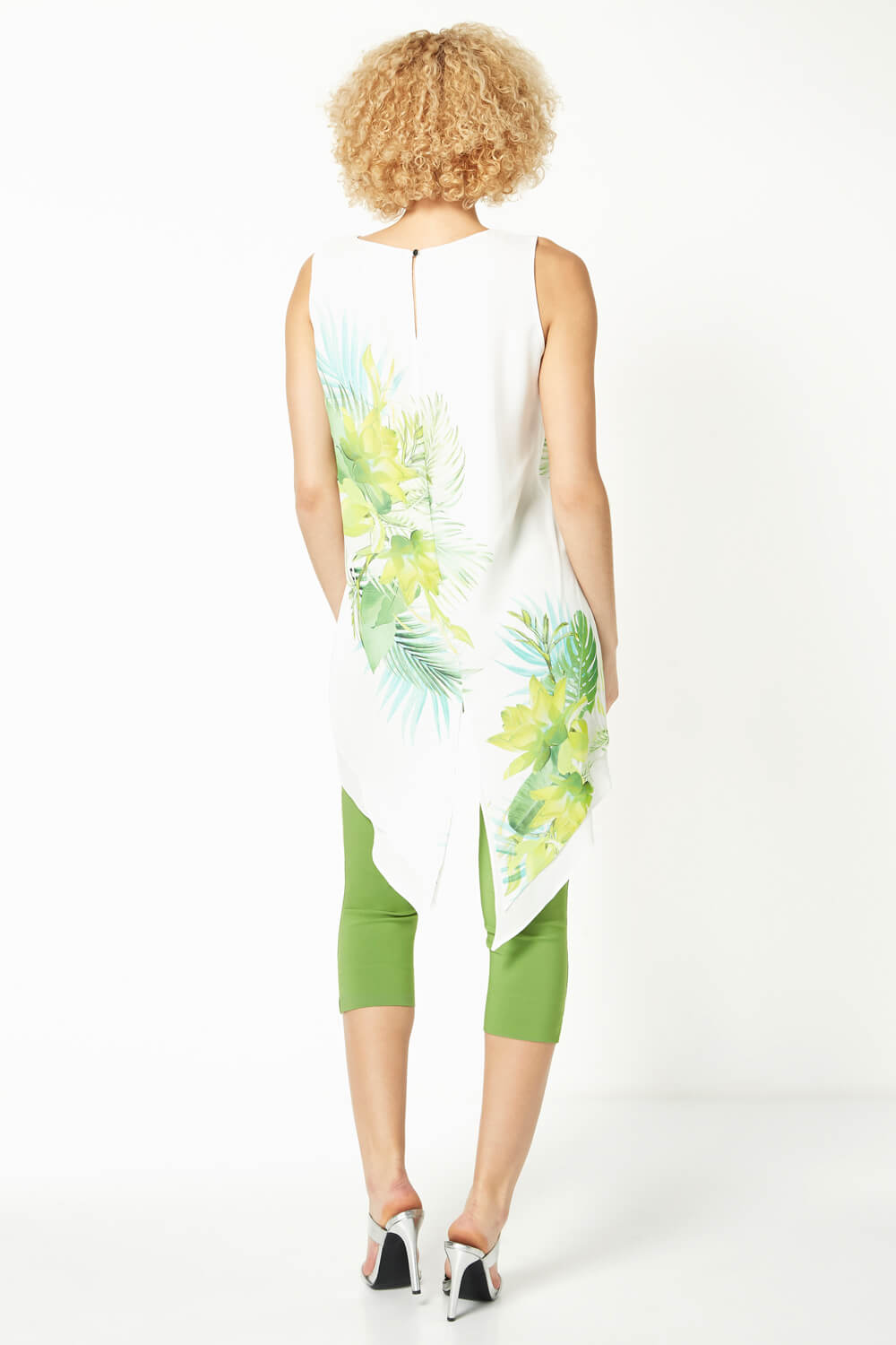 Green Leaf Print Sleeveless Tunic Top, Image 2 of 4