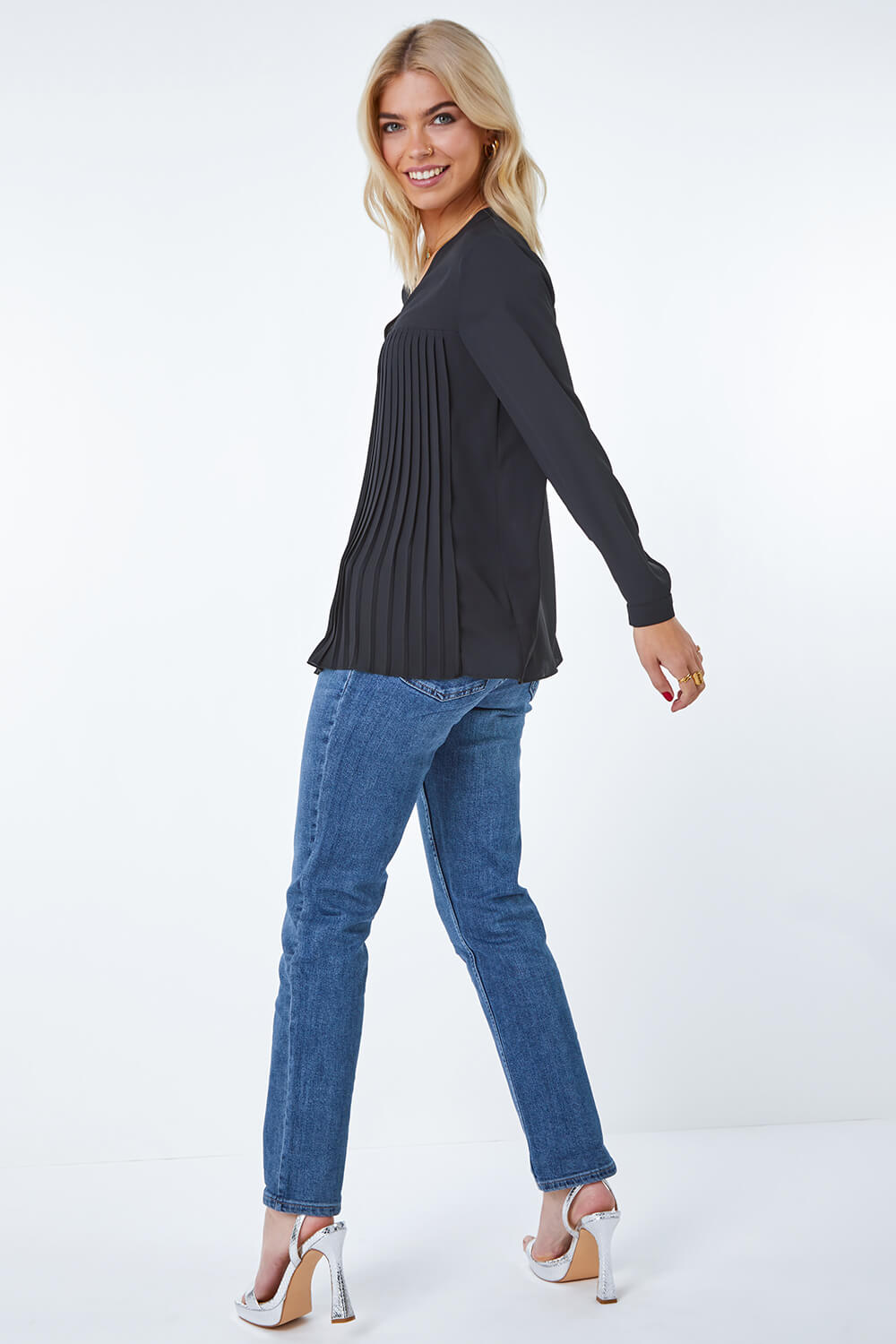 Black Pleated Notch Neck Blouse | Roman UK