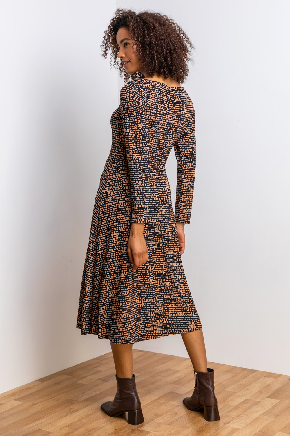 Camel  Abstract Spot Print Cowl Neck Dress, Image 2 of 4