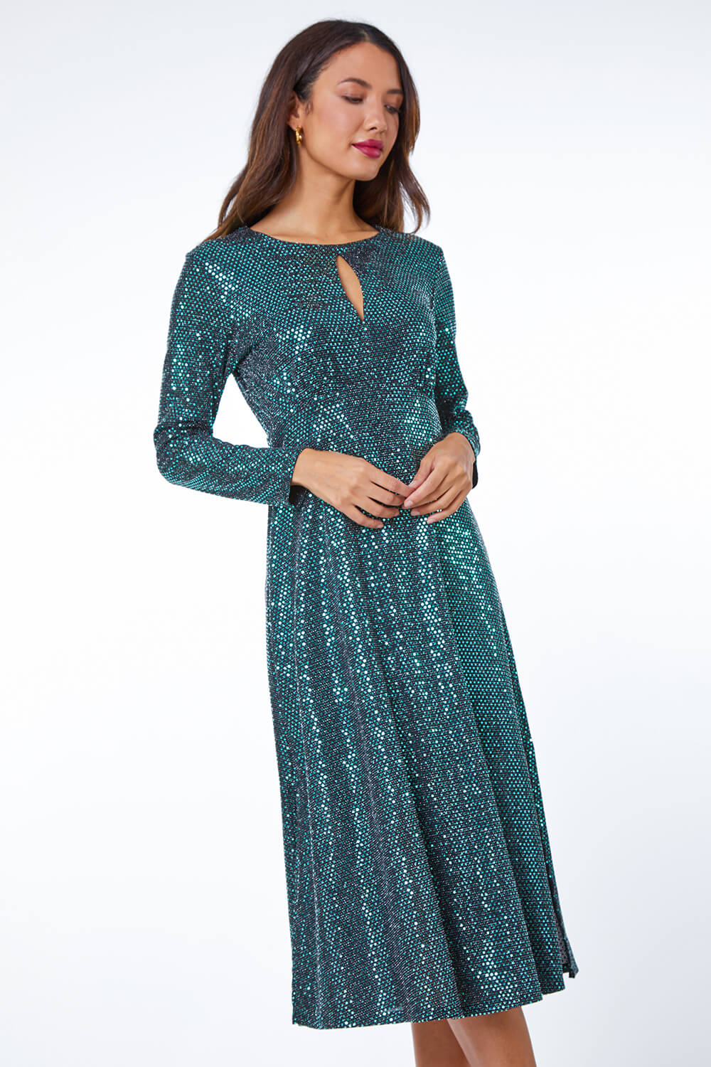 Emerald Sequin Keyhole Detail Ruched Midi Dress, Image 4 of 5