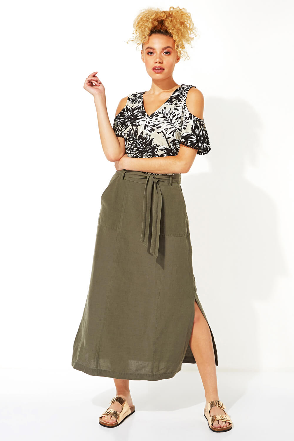 KHAKI Tie Front Side Split Midi Skirt, Image 3 of 4