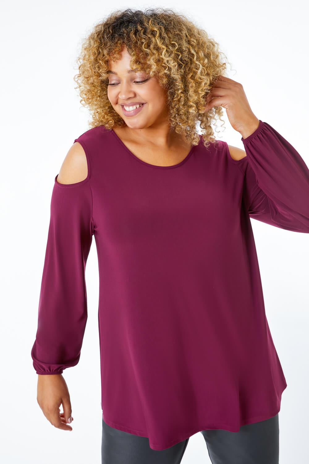 Curve Cold Shoulder Stretch Top in Wine Roman Originals UK