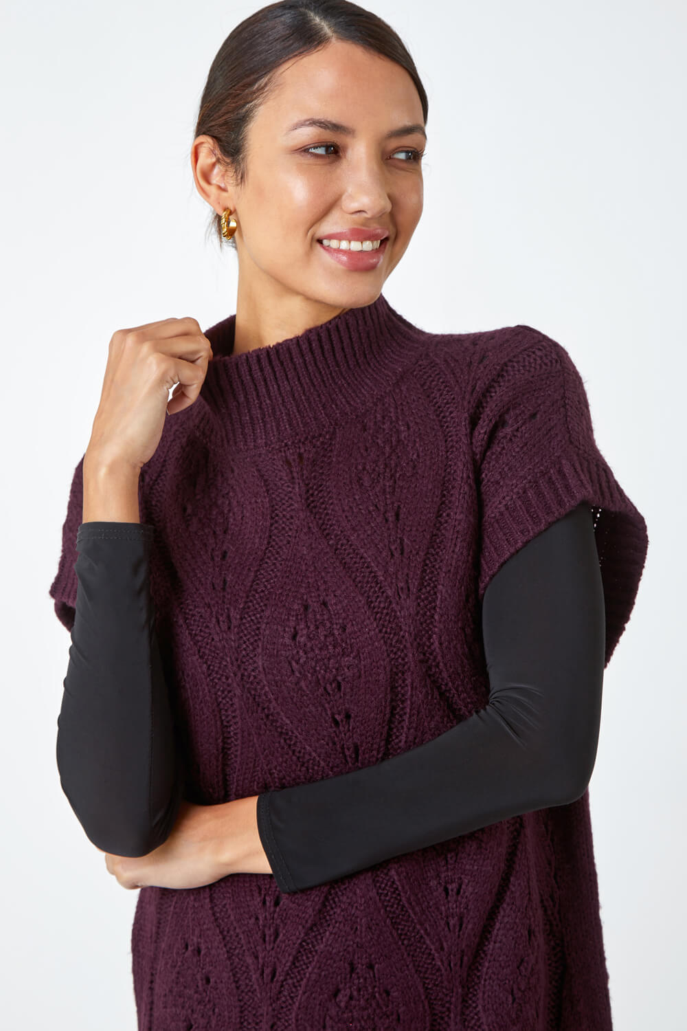 Aubergine High Neck Pointelle Knitted Vest, Image 4 of 5