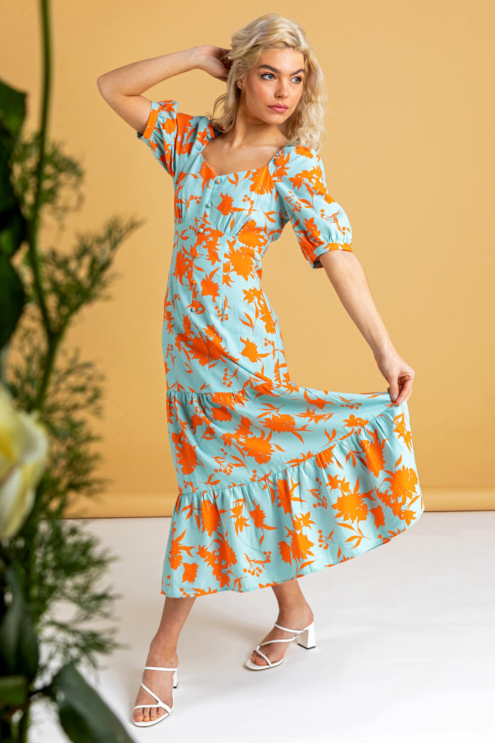 ORANGE Button Through Floral Print Midi Dress, Image 3 of 4