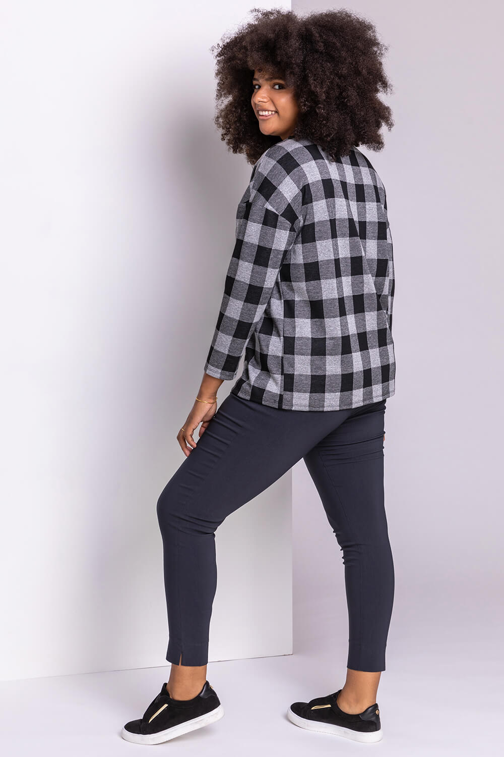 Grey Curve Check Print Long Sleeve Top, Image 2 of 5