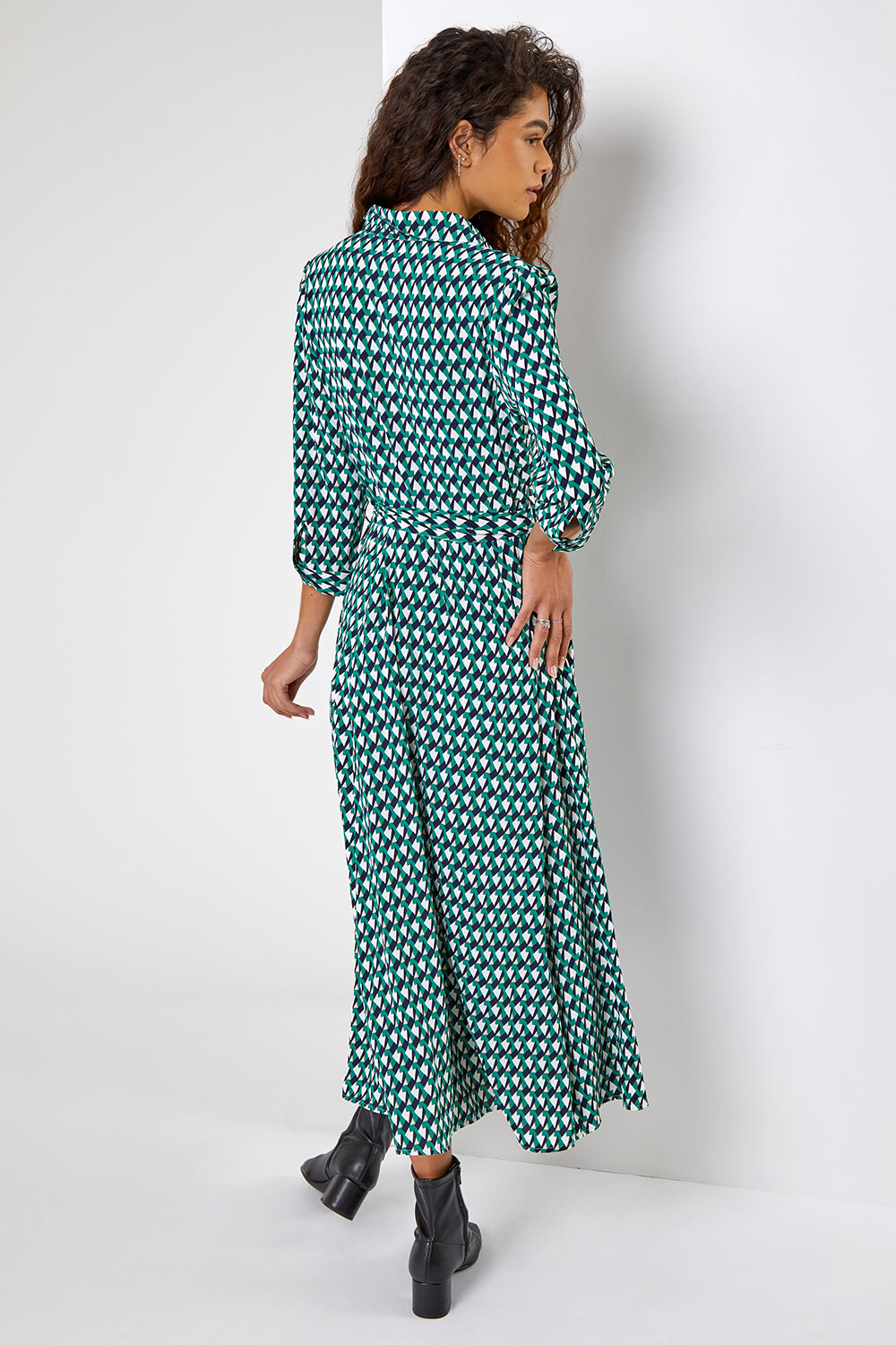 Geometric Print Tie Waist Midi Shirt Dress in Green - Roman Originals UK
